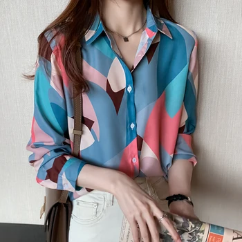 Contrast De Imprimare Grafic Bluza De Primavara Toamna Women2022 Coreea Sifon De Epocă Butonul Up Guler Elegant De Birou Harajuku Tricouri Top