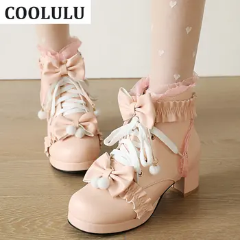 COOLULU 2022 Lolita Glezna Cizme pentru Femei Indesata Toc Platforma Dulce Papuceii Dantela Sus de Iarnă Scurt Papuceii Roz Drăguț Pantofi Femei