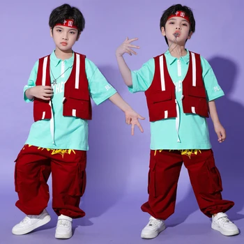 Copiii Hip-Hop Trendy Haine Roșii de Imprimare Costum de Menta Tricou Polo Verde Vrac Hiphop Costum de Jazz, spectacol de Dans Uzura DQS10693