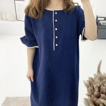 Coreea De Vară Cămașă De Noapte Pentru Femei O-Gat Maneci Scurte Casual De Bumbac Lung Pijamale Dantela Mozaic Butoanele De Haine De Acasă Homewear