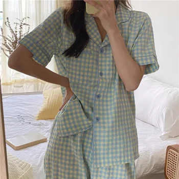 Coreeană Galben&Verde de Bumbac Grila Set de Pijama de Vara Noi Casual Maneca Scurta Pantaloni cămașă de noapte pentru Femei Somn Homewear Costum
