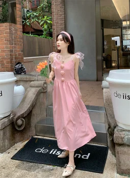 Coreeană Trandafir Roz Florale Petrecere De Vara Femei Rochie Fără Mâneci Arc Spaghete Curea Rochie Lunga Fete Dulci Casual Rochie De Plaja