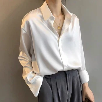Coreene noi, Elegante, Clasice Formale Tricouri Femei Maneca Lunga Alb Imitație de Mătase Bluze OL din Satin Neted Rever Primăvară, Tricouri