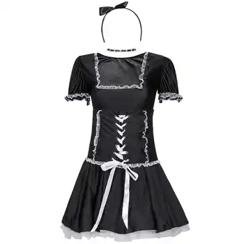 Cosplay Lolita Ispita Sexy Menajera Servi Uniformă Costum Costum Negru Dantelă Margine Femeie Rochie