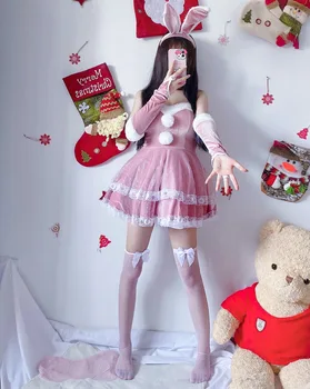 Crăciun Cadou De Anul Nou Set De Rochie Kawaii Iepuras Roz Fată Fuzzy Strapless Anime Cosplay Menajera Include Rochie, Tiara, Colier, Manusi