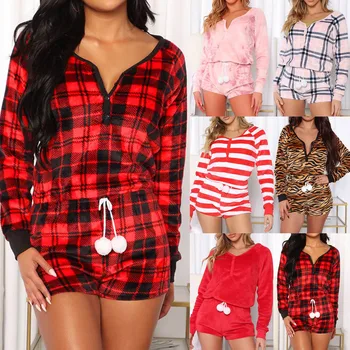 Crăciun Imprimare Sexy Pijama Salopeta Femei Homewear V Gatului Maneca Lunga, Pijamale, Pantaloni Scurți Salopeta Pijamale Pijama Fleece Onesie