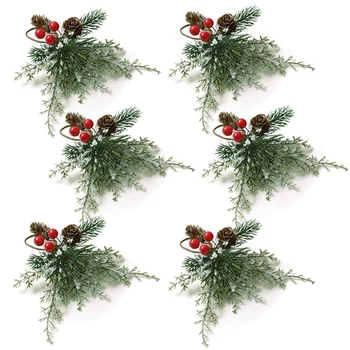 Crăciun Inele Pentru Șervețele Set De 6, Suport De Șervețele Inele Cu Artificiale, Conuri De Pin Ramuri Red Berry Decor