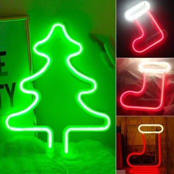 Crăciun Lumini de Neon Pom de Crăciun Ciorapi de Semne de Neon Lumina de Noapte Xmas Party Acasă Decor Decor de Perete USB Baterii