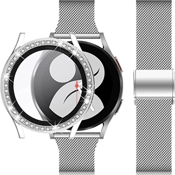 Curea de Metal + Bling Caz pentru Samsung Galaxy Watch 4 40mm 44mm Trupa Plasă de Buclă Subțire Brățară din Oțel Inoxidabil + Capac Accesorii