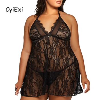 CyiExi Negru Halter Dantelă Plus Dimensiune Lingeries Set pentru Femei Sexy Vedea Prin Backless Babydoll Dress + Thong Feminin cămașă de noapte 5XL
