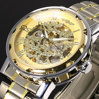 CÂȘTIGĂTORUL de Aur Bărbați cuarț Ceas Stainess Otel Mână Vântul Ceasuri Transparente Steampunk Montre Homme Ceas de mână