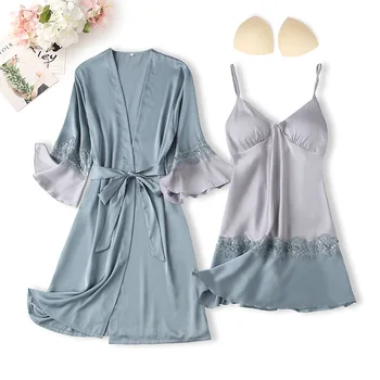 Dantela Sexy Homewear Vara Noi Zburli Maneca cămașă de noapte 2 BUC Kimono-Halat Set Casual Femei Acasă Halat Satin Sleepwear