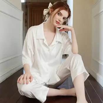 Dantelă albă Gol Afară de Pijamale pentru Femei Costum cu Maneci Lungi Sleepwear Rever Somn Set de Două piese de îmbrăcăminte de noapte Casual Body Haine