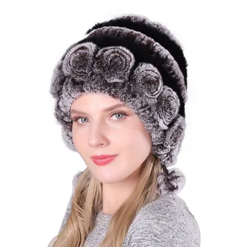 De Iarnă Pentru Femei De Moda Lady Caldă Flori Cu Dungi Real Blana De Iepure Pălărie Capace Kniting Feminin Cald Capace De Zăpadă
