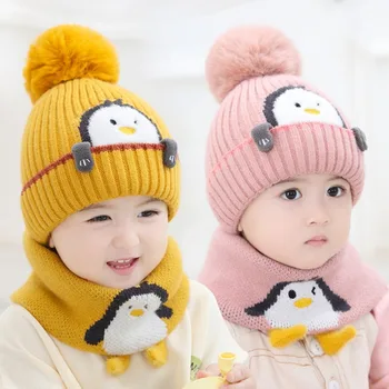 De La 1 La 4 Ani Copilul Vechi Copii Beanie Seturi De Drăguț Pinguin 2 Buc 2022 Băieți Fete Iarna Villus Pălărie Eșarfă Set