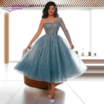 De lux din Dubai a-Line Rochie de Seara pentru Femei 2021 Un Umar Mâneci Fermoar Spate Tul cu Margele Cristale Formale Rochie de Petrecere