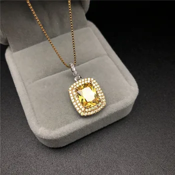 De lux Pandantive Colier Femei S925 sterling-bijuterii Cubic Zirconia Square Galben Diamant Coliere Bijuterii Fine