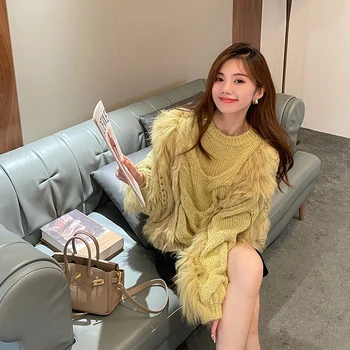 De mare de moda pentru Femei de Lux Reale Blana Asieta pulover Toamna îmbrăcăminte exterioară Winte Casual Bumbac Jumperi Y2K Butonul de Sus Tricotaje S132