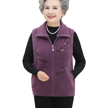 De Varsta mijlocie Femeile în Vârstă Vesta Imitatie Nurca Catifea Tricotate Vesta pentru Femei Geaca de Primavara Toamna Îmbrăcăminte exterioară Topuri fără Mâneci