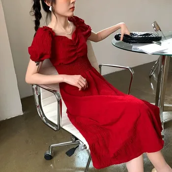De vară 2020 nou retro clopotel franceză piața roșie guler talie rochie de slăbire temperament fusta lunga pentru femei de îmbrăcăminte