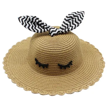 De vară pentru copii paie pălărie fată de protecție solară soare pălărie fată iepure drăguț în aer liber, plajă pescar pălărie copil pălărie margine largă pălărie