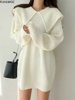 De Vânzare La Cald Elastic Femei Tricotate Pulover Pulover Rochie 2022 Toamna Iarna Alb Negru Lady Chic Coreea De Volane Tricot Rochie Mini
