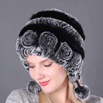 De Vânzare La Cald Iarna Femei Flori Cu Dungi Real Rex Pălării Doamna Cald Tricot Căciuli Rusești În Aer Liber, Pălării De Blană