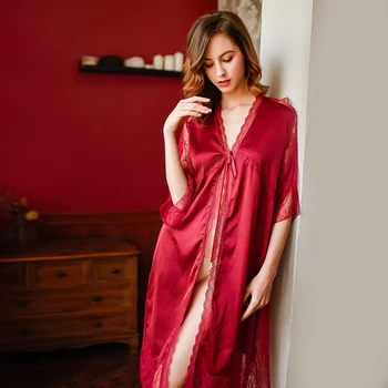 De înaltă calitate nou roșu elegant feminin dantela cusaturi satin cu maneci broderie cardigan lung cămașă de noapte cămașă de noapte costum