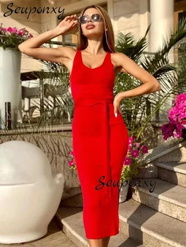 De înaltă Calitate, Sexy V-Neck fără Mâneci pentru Femei de Moda Curea Bodycon Rochie din Tricot 2023 Nou Elegant Solid Rochie Casual Vestidos