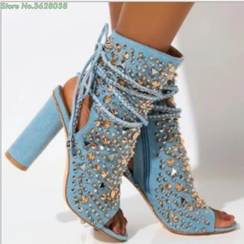 Denim Traforaj Tocuri Peep Toe Glezna Cizme de Cristal Nit Cross-legat Sexy Cizme Scurte mai Nou Moda Albastru Pantofi Femei