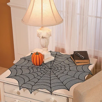 Diam Rotund Dantela Din Poliester Tabelul Mat Decor De Halloween Dantela Spider Web, Fete De Masa Negre Alergatori De Masă Consumabile Partid