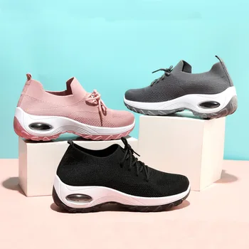 Doamnelor Pantofi Casual Adidasi Net Culoare Solidă Rotund Forma Pernă De Aer Respirabil Dantela Crește Femei Apartamente