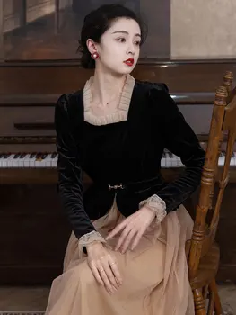 Doamnelor Toamna Retro Gât Pătrat De Catifea Împletit Plasă De Rochie Pentru Femei 2021 Hepburn Stil Elegant Rochie Neagră De Moda Vestidos