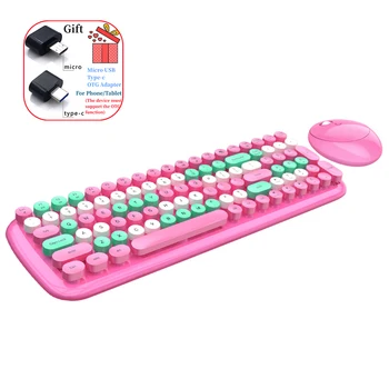 Drăguț Bomboane de Culoare 2.4 G Wireless Keyboard Mouse-ul Combo-uri USB Rotund Punk Tastatură și Mouse-ul Optic Set kit Pentru PC, Laptop Cutie de Cadou