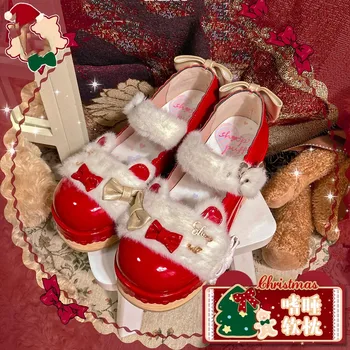 Drăguț Lolita Crăciun Roșu Drăguț Urs Ureche Platforma Pantofi plat epocă cap rotund plus cașmir ține de cald drăguț bowknot cosplay