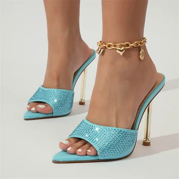 Eilyken Noua Moda Cristal De Diamant Papuci Femei De Vară Clasic Albastru Negru Designer Subliniat Toe Doamnelor Pantofi Cu Toc Inalt, Subtire