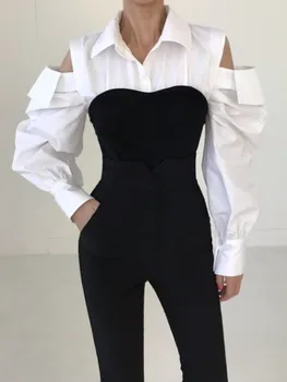 Elegant de Moda coreeană Femei Tricouri Topuri cu Maneci Lungi Vintage Mozaic Bluze Femme Slim Negru și Alb Streetwear Tee Haine