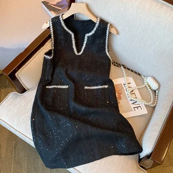 Elegant franceză High-end fără Mâneci Mini Femei Vara Noul Negru, pur și Simplu, în Stil Tweed Vesta Rochie Cu Buzunar Doamnelor Vestidos