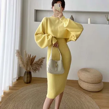 Elegant Solid Tricotate Rochie Femei Set Complet Maneca Topuri De Cultură + Fără Mâneci Rochie De Creion Set De Potrivire 2021 Cald Iarna Chic Set
