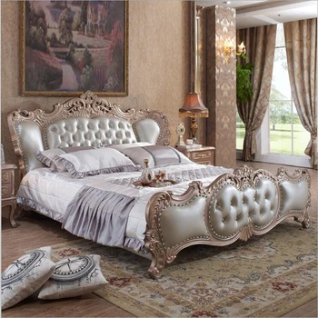 european modern din lemn masiv, pat 2 persoane Moda Sculptate din piele franceză mobilier de dormitor o10320