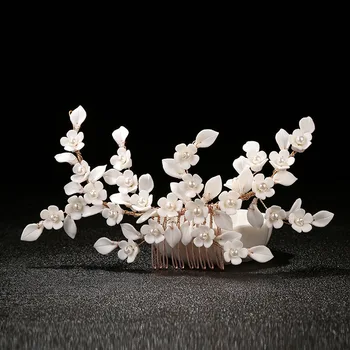 European rafinat ceramice flori albe, frunze de nunta handmade pearl stras pieptene de par clip de păr de sex feminin bijuterii