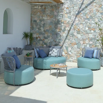 Exterioare din aluminiu, funie de cânepă canapea grădină interioară de agrement set canapea sectiona seatel și masă de lângă piscină ,curte,culoare albastru