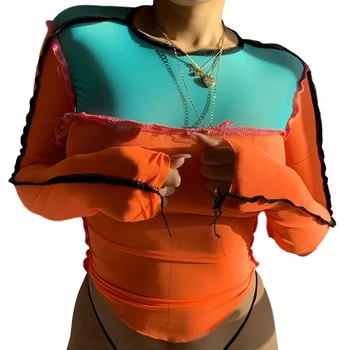 exy ochiurilor de Plasă Pur tricouri Femei Lipitură Subțire Tee Topuri Transparente Maneca Lunga tricou de Vară 2020 Moda Streetwear Portocaliu Tricouri