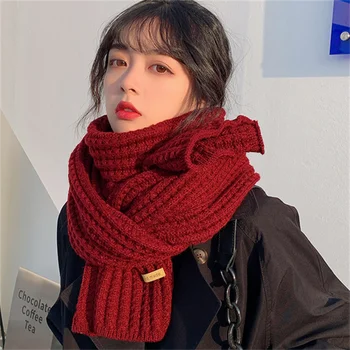 Eșarfă de iarnă Femei coreene Noi Eșarfă de Lână Iubitorii de Bărbați și Femei se Ingroase Cald Elevii Net Roșu Culoare Solidă Tricot Eșarfe Salopete