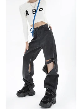 Femei Blugi Rupți Streetwear Casual, Talie Mare Pantaloni Din Denim De Moda Direct Jean Pantaloni Largi Y2k De Moda De Sex Feminin Denim Pantaloni
