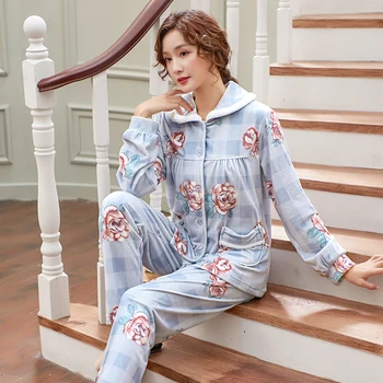 Femei Carouri Florale Pijamale De Iarnă Insula Catifea Set Pijama Fleece Coral Casual Gros Homewear Cald Pijamale Femei Pijamas Mujer