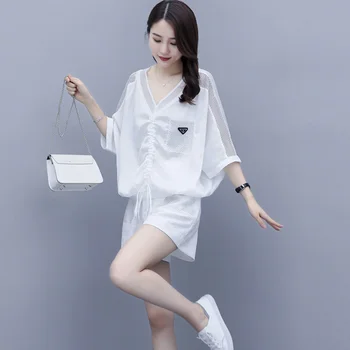 Femei Costum Casual Moda coreeană de Mari Dimensiuni Slim Talie Înaltă Cultură de Sus pantaloni Scurți Set de Două Piese 2021 Vara Haine Noi Pentru Femei