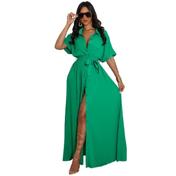 Femei Cu Maneci Scurte Buton De Cămașă Rochie Eleganta Fantă Verde Maxi Rochie De Vară Rochii Casual Vestidos De Mujer Casual