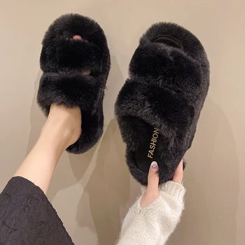 Femei cu Talpă Groasă de Lână Pantofi 2022 Nou Toamna Iarna Bandă Dublă de Interior Cald Păstrarea Culoare Solidă Bumbac Confortabil Papuci