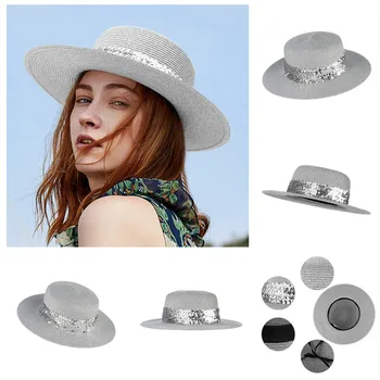 Femei de argint Paie Pălărie de Soare paiete argintii Paie Soare, Plajă Clasic Pălărie Margine Largă Panama Bărbați UV Capac de Protecție chapeau femme 2021